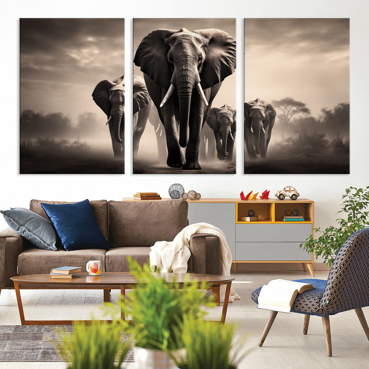 48598F10-MGV-CV-36X24-Elephant Family Wall Art Canvas Print, Framed Elephant Wall Art Home Decor