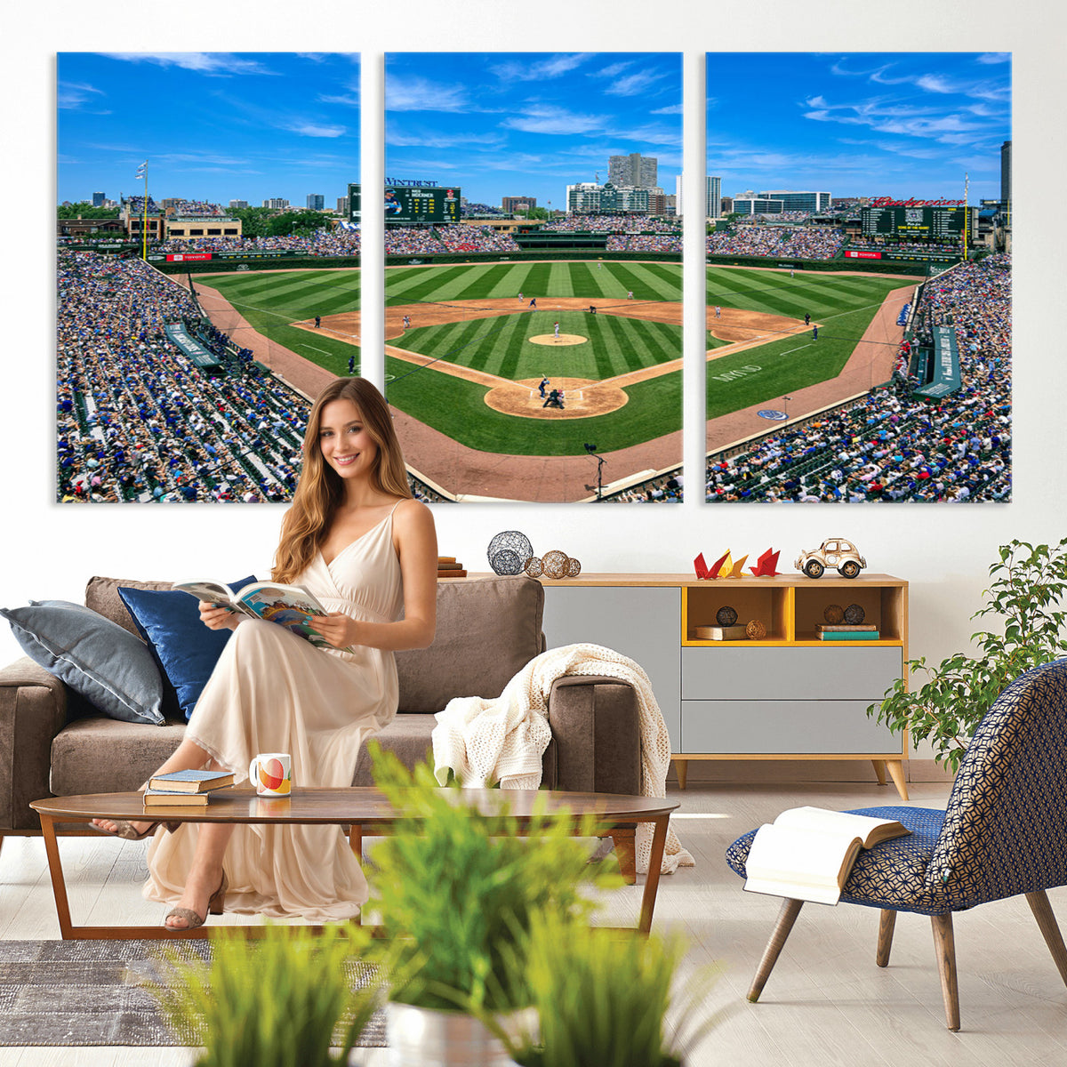 35800083-MGV-CV-36X24 - Wrigley Field Baseball Stadium Canvas Wall Art – Packed Crowd Sports Stadium City Skyline Artwork for Home Office