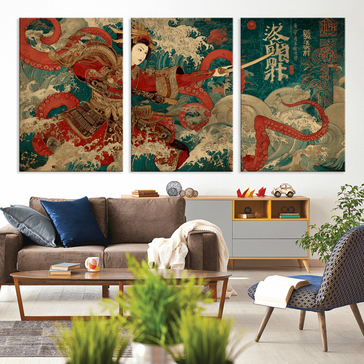 MGV-CV-60X30-3P - Tsukioka Yoshitoshi Samurai Wall Art Print, Japanese Katana Warrior Canvas Wall Art, Octopus Sea Monster Canvas Print,
