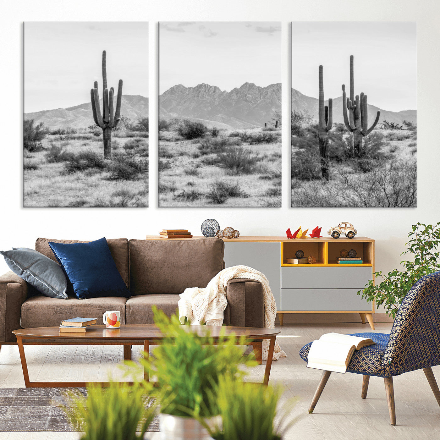 MGV-CV-60X30-3P - Black White Arizona Desert Canvas Wall Art Cactus Farmhouse Wall Art