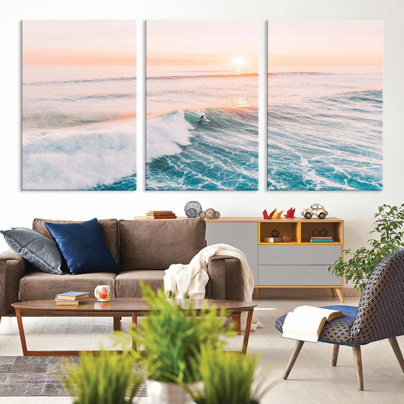 34064591-MGV-CV-36X24 - Sunset Surfing Wall Art Canvas Print, Ocean Wave Surfer with Golden Sky Artwork for Home, Office, Living Room