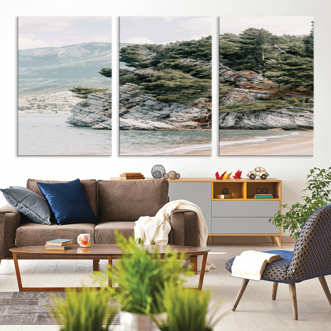 MGV-CV-60X30-3P - Coastal Rock Canvas Wall Art Print, Scenic Beach Landscape, Pine Trees on Rocky Cliff, Large Nature