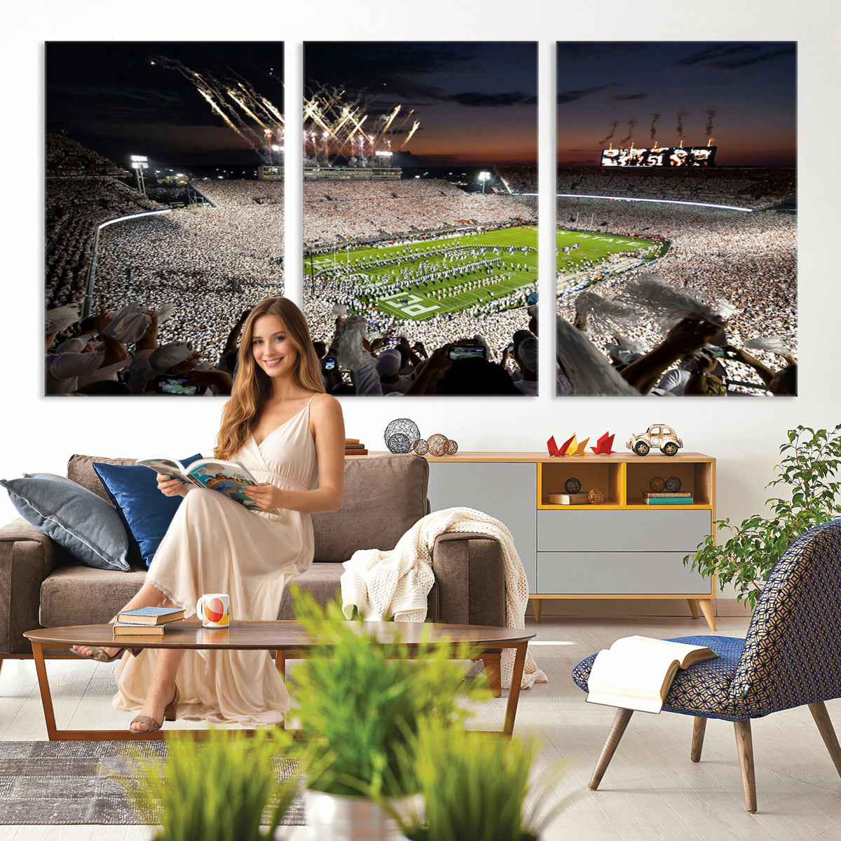 11221988-MGV-CV-36X24 - Epic Night Football Stadium Wall Art Canvas Print, Fireworks and Crowd