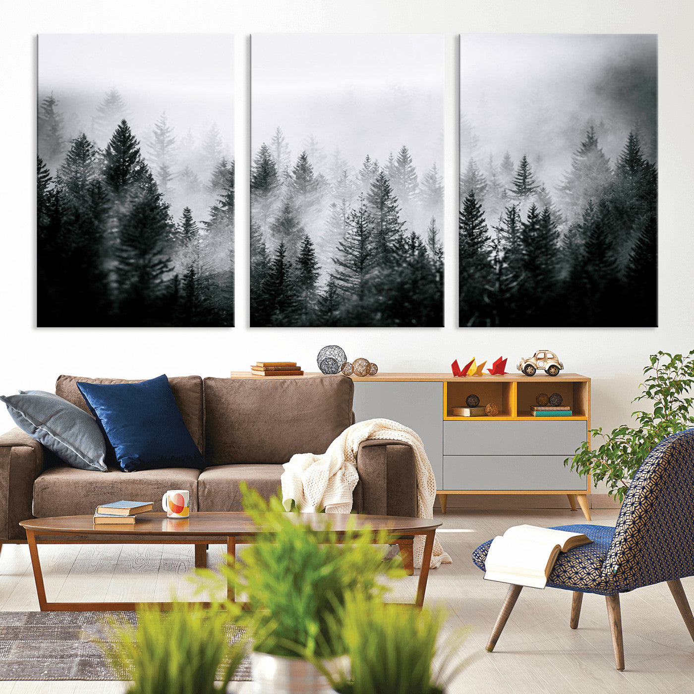MGV-CV-60X30-3P - Foggy Pine Forest Canvas Wall Art – Black and White Nature Landscape Print, Horizontal Canvas for