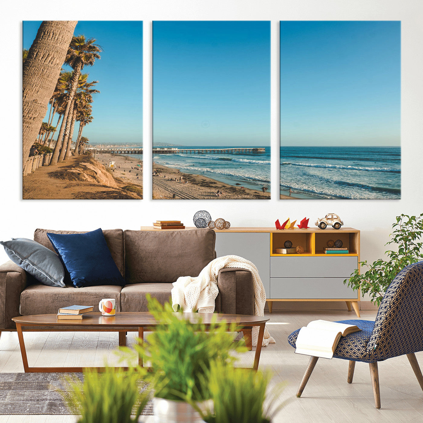 MGV-CV-60X30-3P - Scenic Beach with Tall Palm Trees, Sandy Shore, and Long Pier Stretching into the Calm Ocean Under