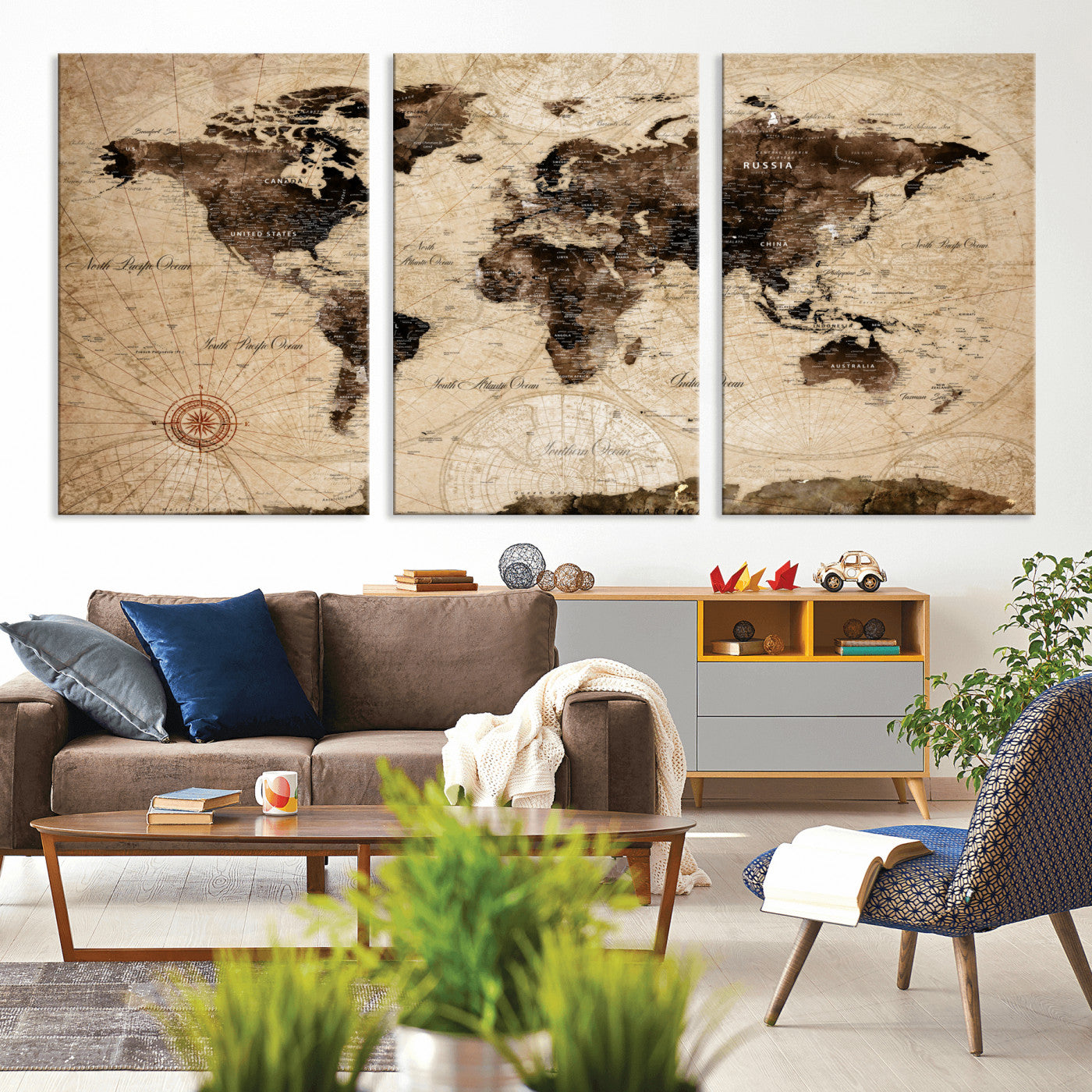97114757-MGV-CV-60X30-3P - Vintage World Map Wall Art Canvas Print, Modern Decorative Framed Map Artwork Prints for Living Room, Office, Bedroom Wall Decor