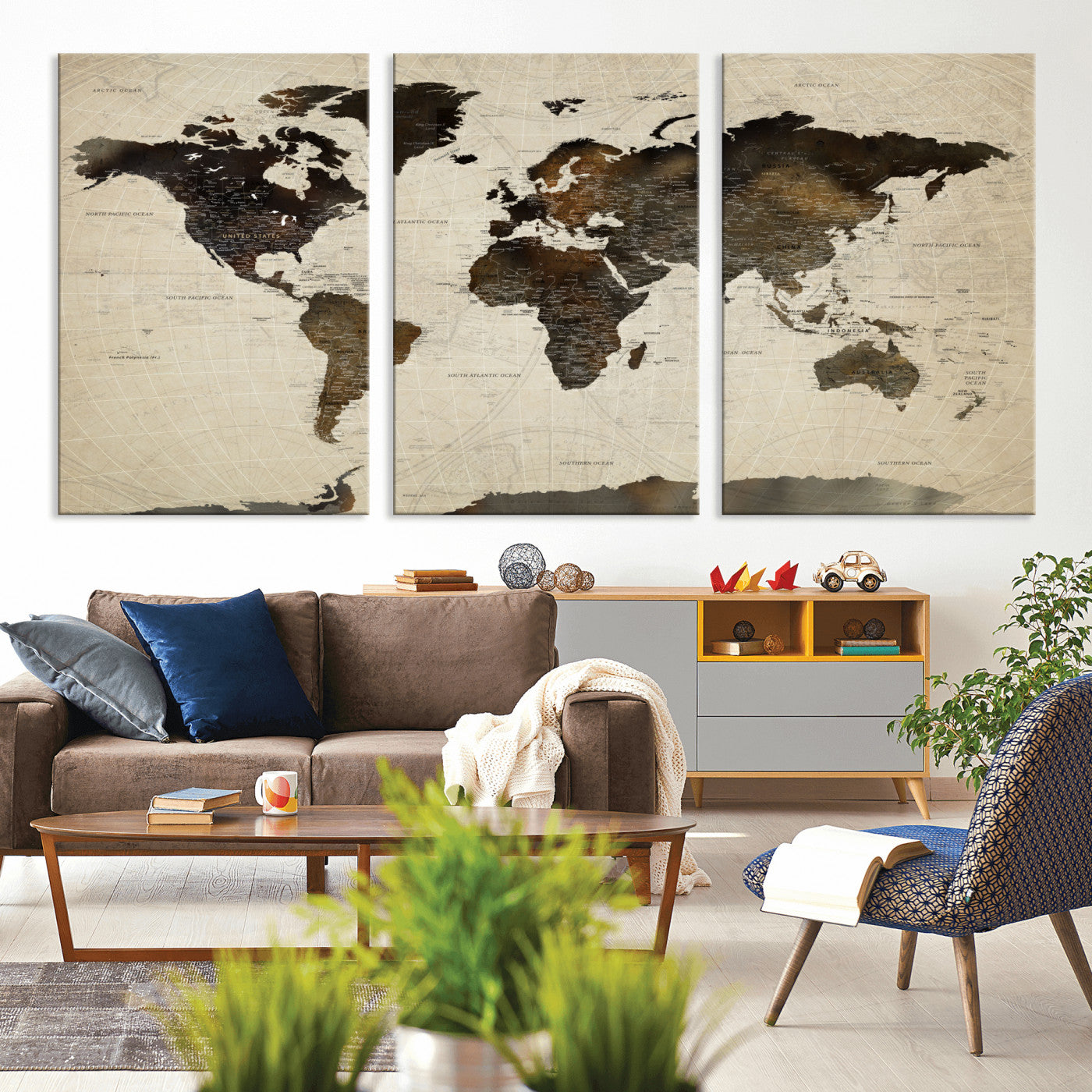 81771296-MGV-CV-60X30-3P - World Map Wall Art Canvas Print, Modern Decorative Framed Map Artwork Prints for Living Room, Office, Bedroom Wall Decor