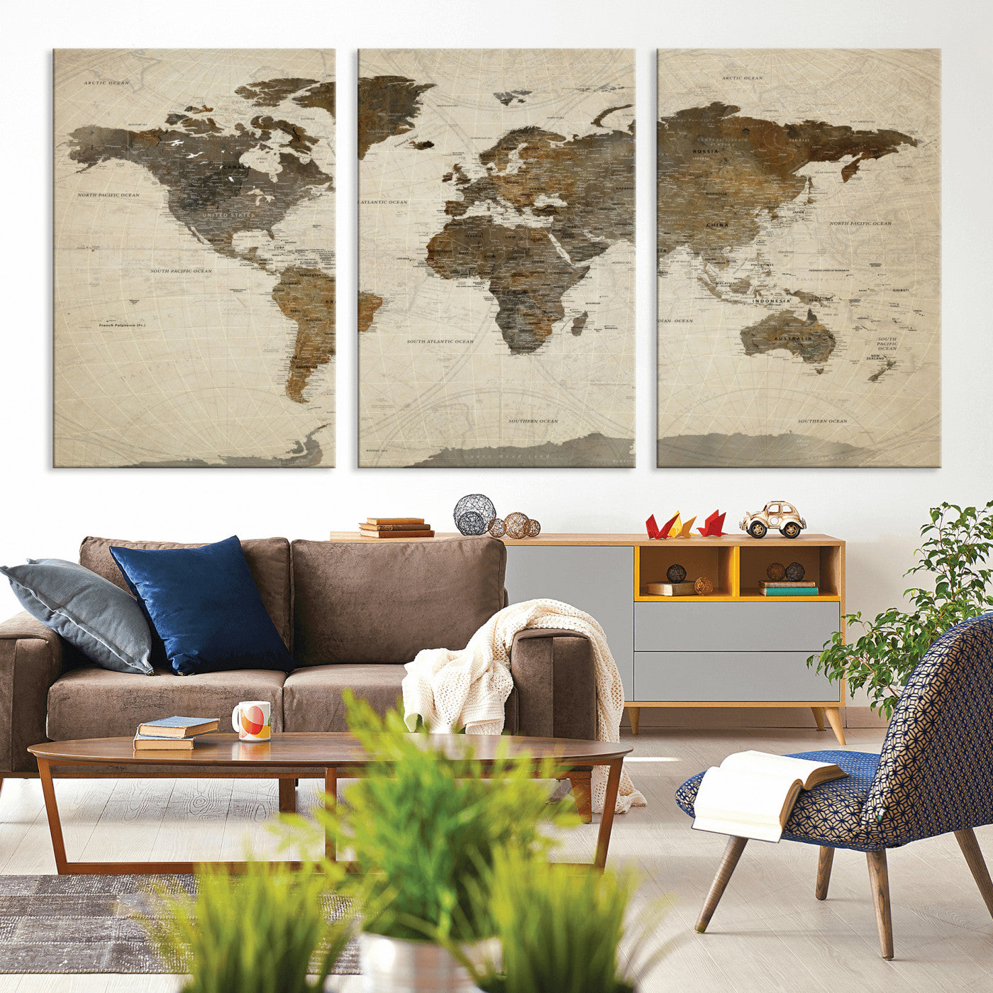 91849163-MGV-CV-60X30-3P - World Map Wall Art Canvas Print, Modern Decorative Framed Map Artwork Prints for Living Room, Office, Bedroom Wall Decor