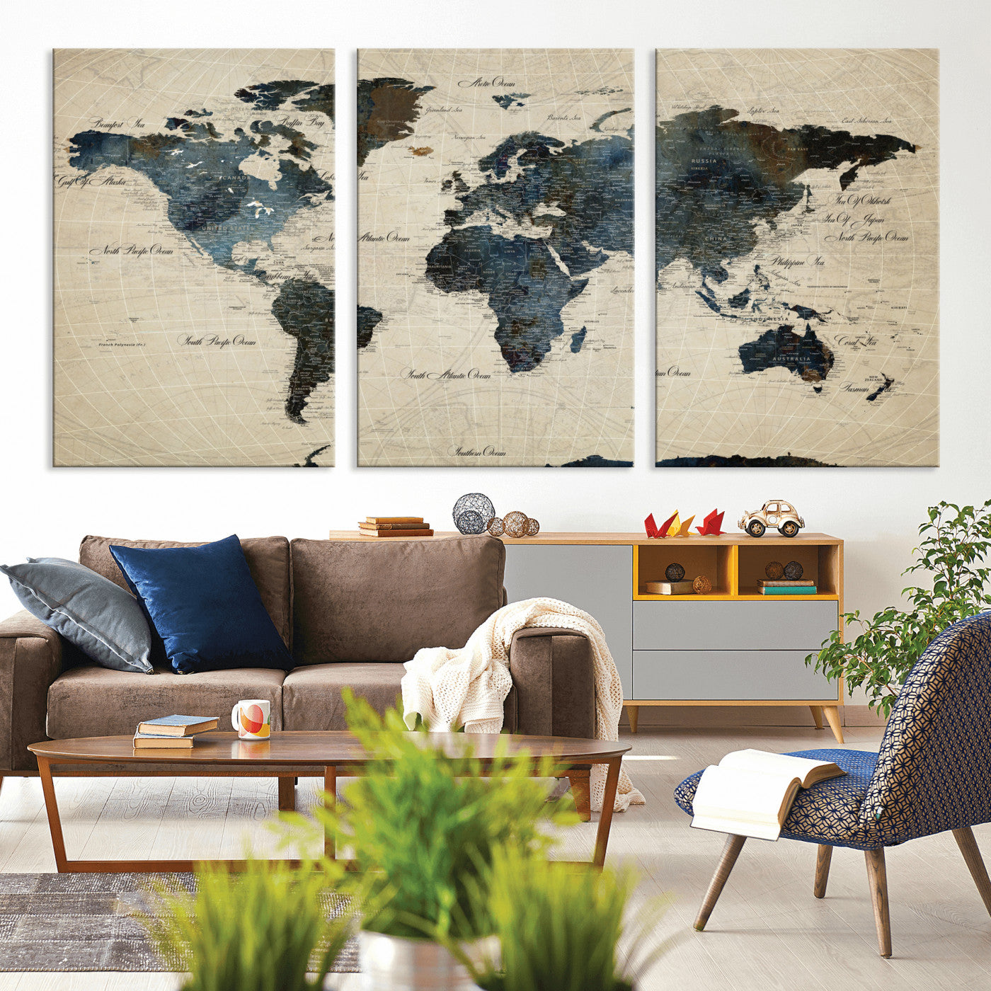 33438443-MGV-CV-60X30-3P - World Map Wall Art Canvas Print, Modern Decorative Framed Map Artwork Prints for Living Room, Office, Bedroom Wall Decor