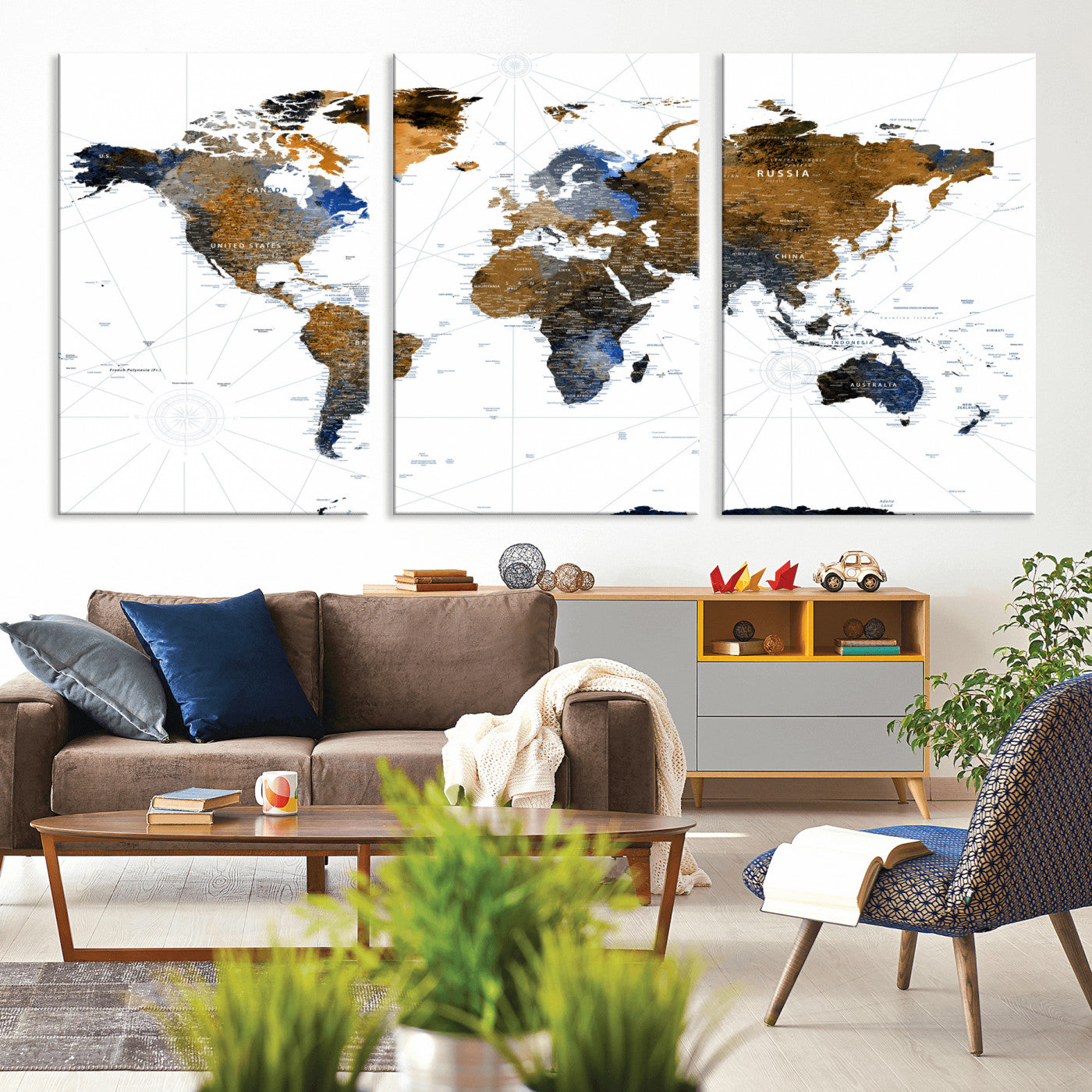 40862517-MGV-CV-60X30-3P - World Map Wall Art Canvas Print, Modern Decorative Framed Map Artwork Prints for Living Room, Office, Bedroom Wall Decor