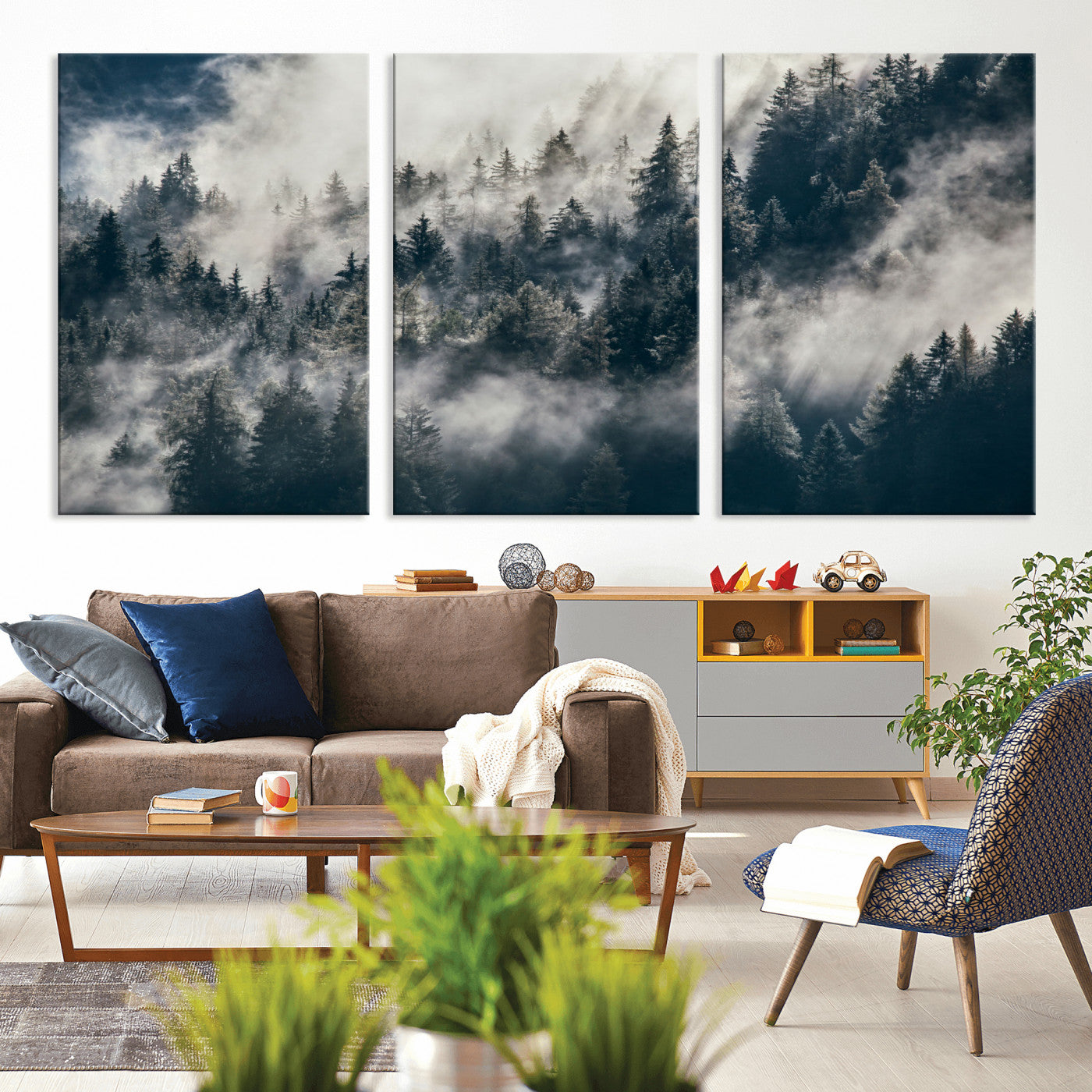 270372951-MGV-CV-60X30-3P - Misty Pine Forest Canvas Wall Art – Dark Forest Mountaing and Nature Landscape Print, Horizontal Canvas Print