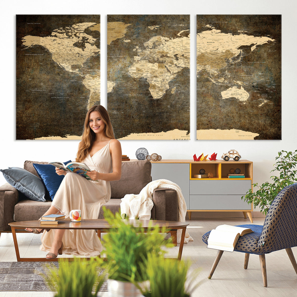 89742472-MGV-CV-36X24 - Large Framed Vintage World Map Wall Art Print for Home Wall