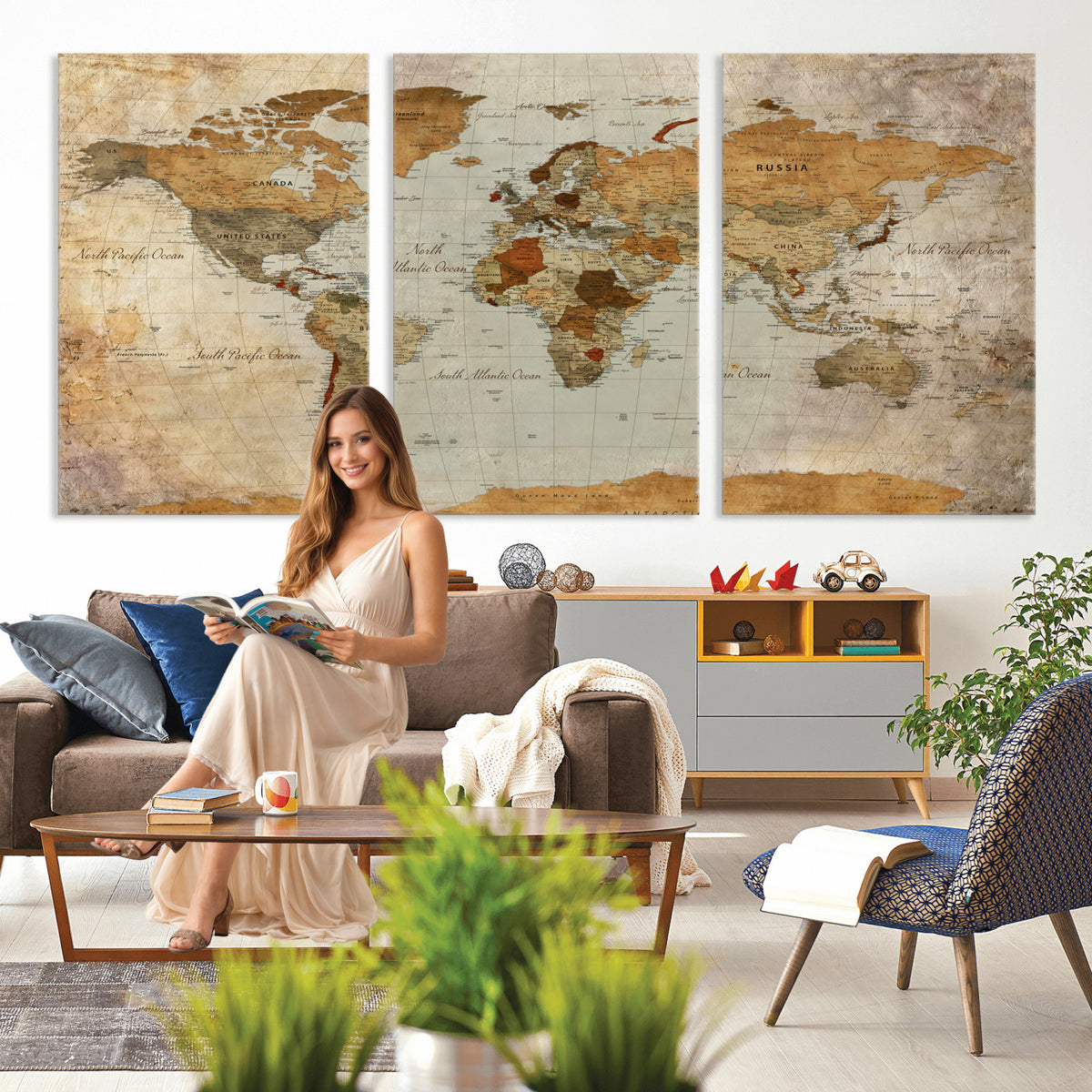 74176056-MGV-CV-36X24 - World Map Wall Art Canvas Print, Modern Decorative Framed Map Artwork Prints for Living Room, Office, Bedroom Wall Decor