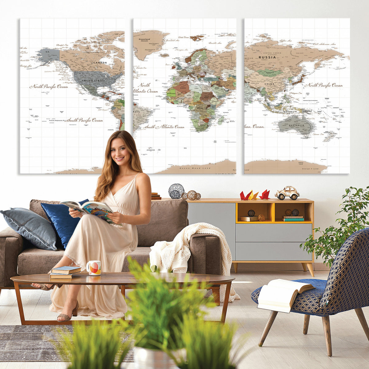 91286788-MGV-CV-36X24 - World Map Wall Art Canvas Print, Modern Decorative Framed Map Artwork Prints for Living Room, Office, Bedroom Wall Decor