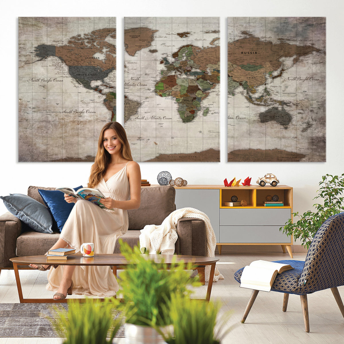 65393892-MGV-CV-36X24 - World Map Wall Art Canvas Print, Modern Decorative Framed Map Artwork Prints for Living Room, Office, Bedroom Wall Decor