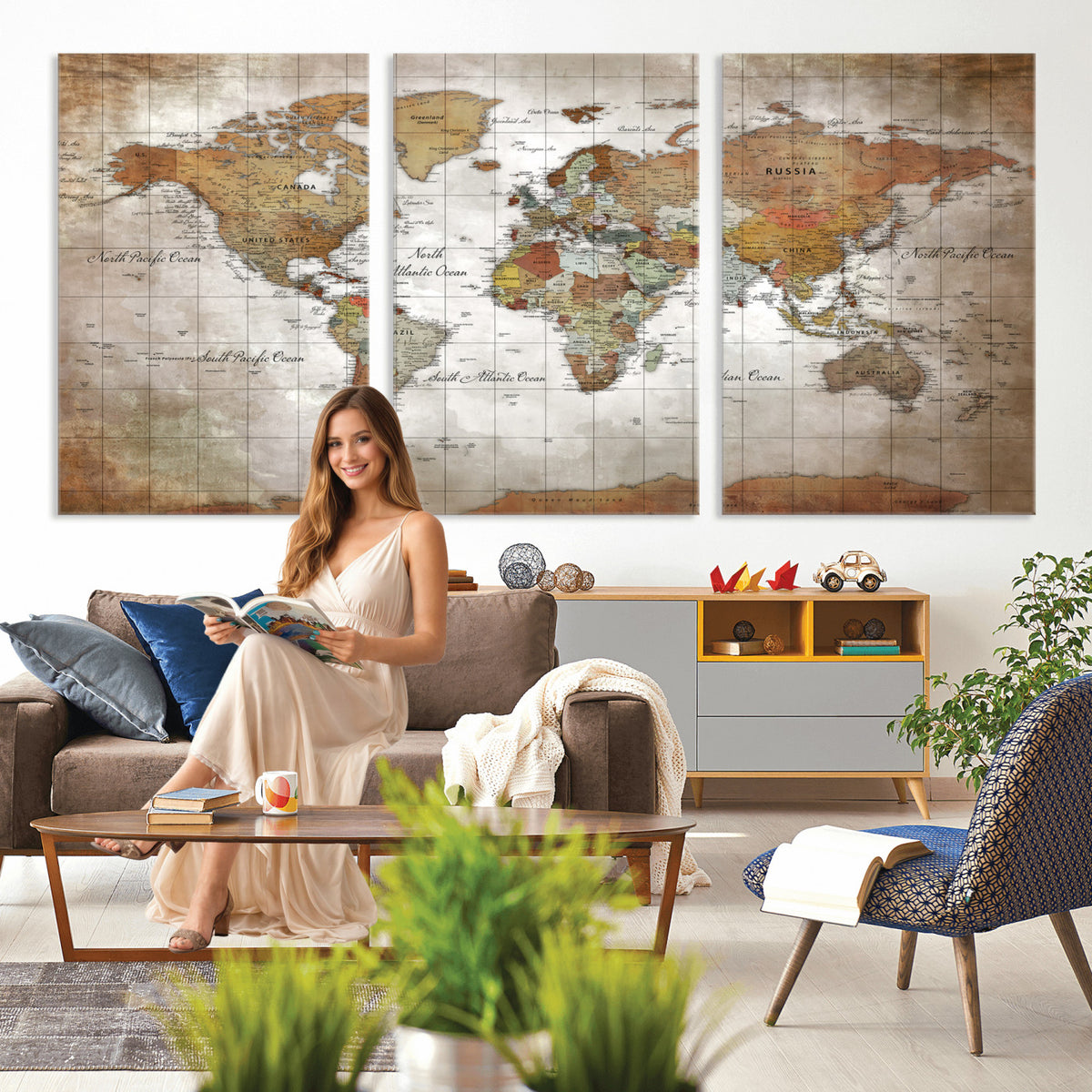 51643807-MGV-CV-36X24 - World Map Wall Art Canvas Print, Modern Decorative Framed Map Artwork Prints for Living Room, Office, Bedroom Wall Decor