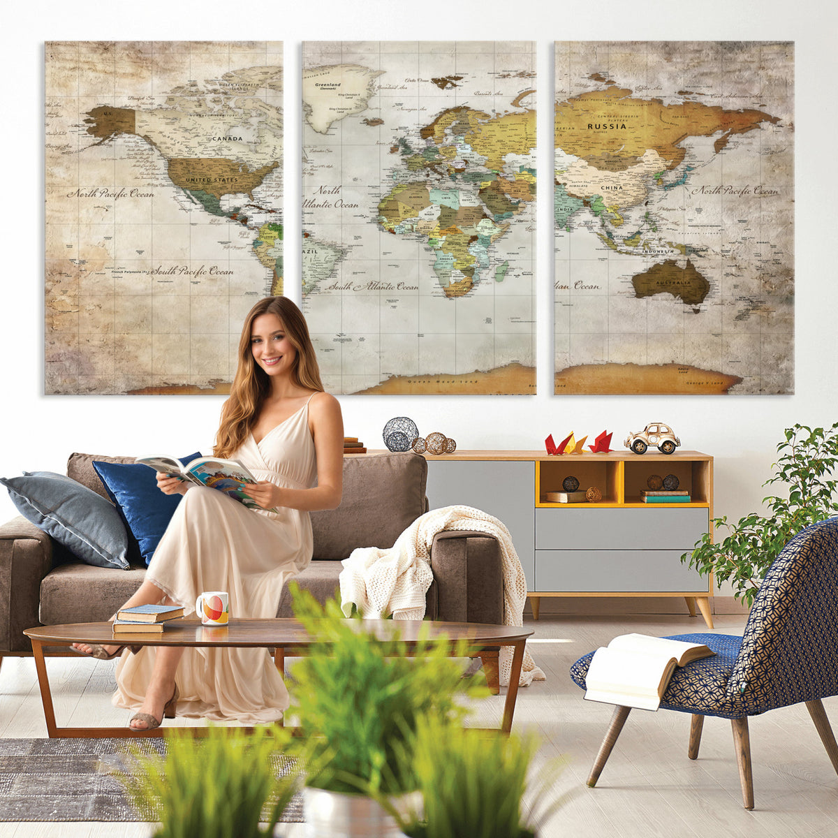86108417-MGV-CV-36X24 - World Map Wall Art Canvas Print, Modern Decorative Framed Map Artwork Prints for Living Room, Office, Bedroom Wall Decor