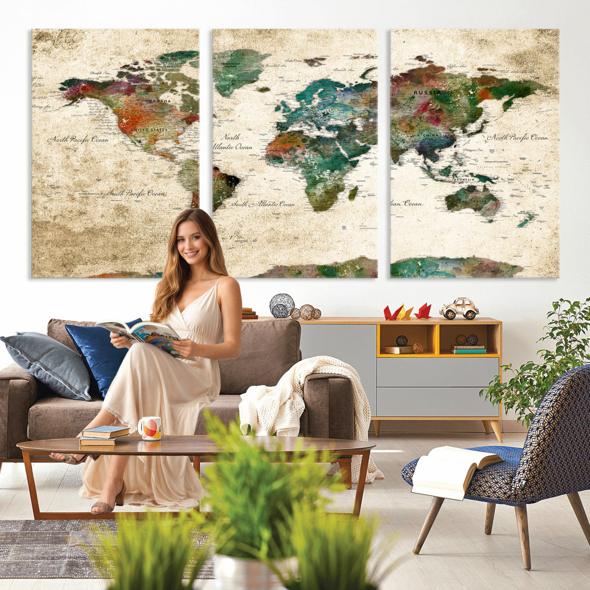 87544591-MGV-CV-36X24 - World Map Wall Art Canvas Print, Modern Decorative Framed Map Artwork Prints for Living Room, Office, Bedroom Wall Decor