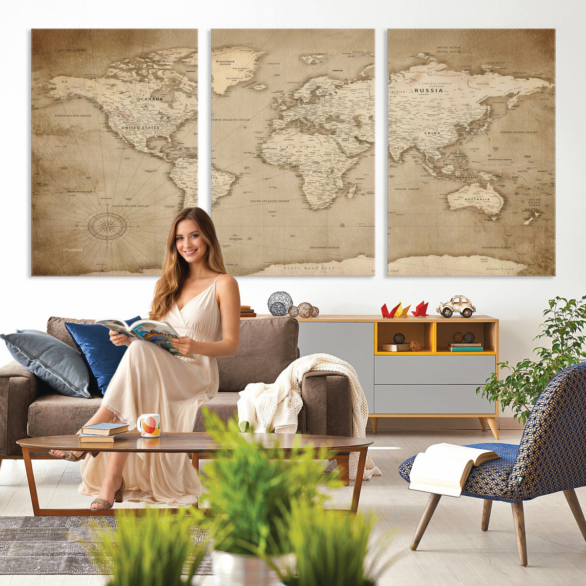 34795134-MGV-CV-36X24 - World Map Wall Art Canvas Print, Modern Decorative Framed Map Artwork Prints for Living Room, Office, Bedroom Wall Decor