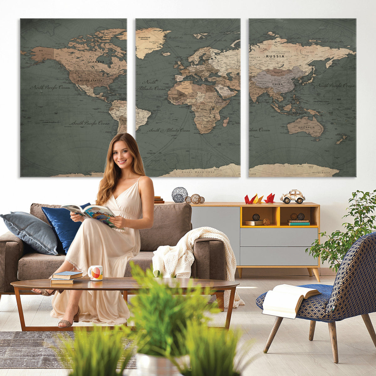 84619399-MGV-CV-36X24 - World Map Wall Art Canvas Print, Modern Decorative Framed Map Artwork Prints for Living Room, Office, Bedroom Wall Decor