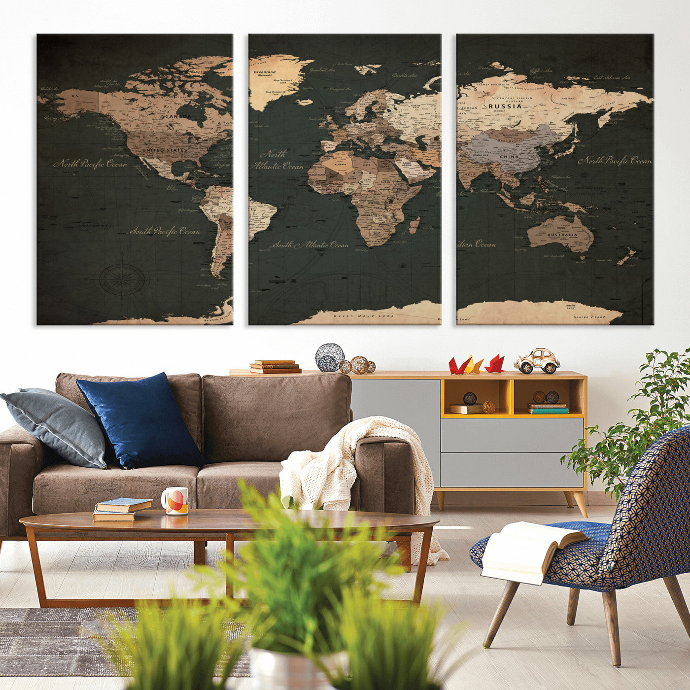 62059333-MGV-CV-36X24 - World Map Wall Art Canvas Print, Modern Decorative Framed Map Artwork Prints for Living Room, Office, Bedroom Wall Decor