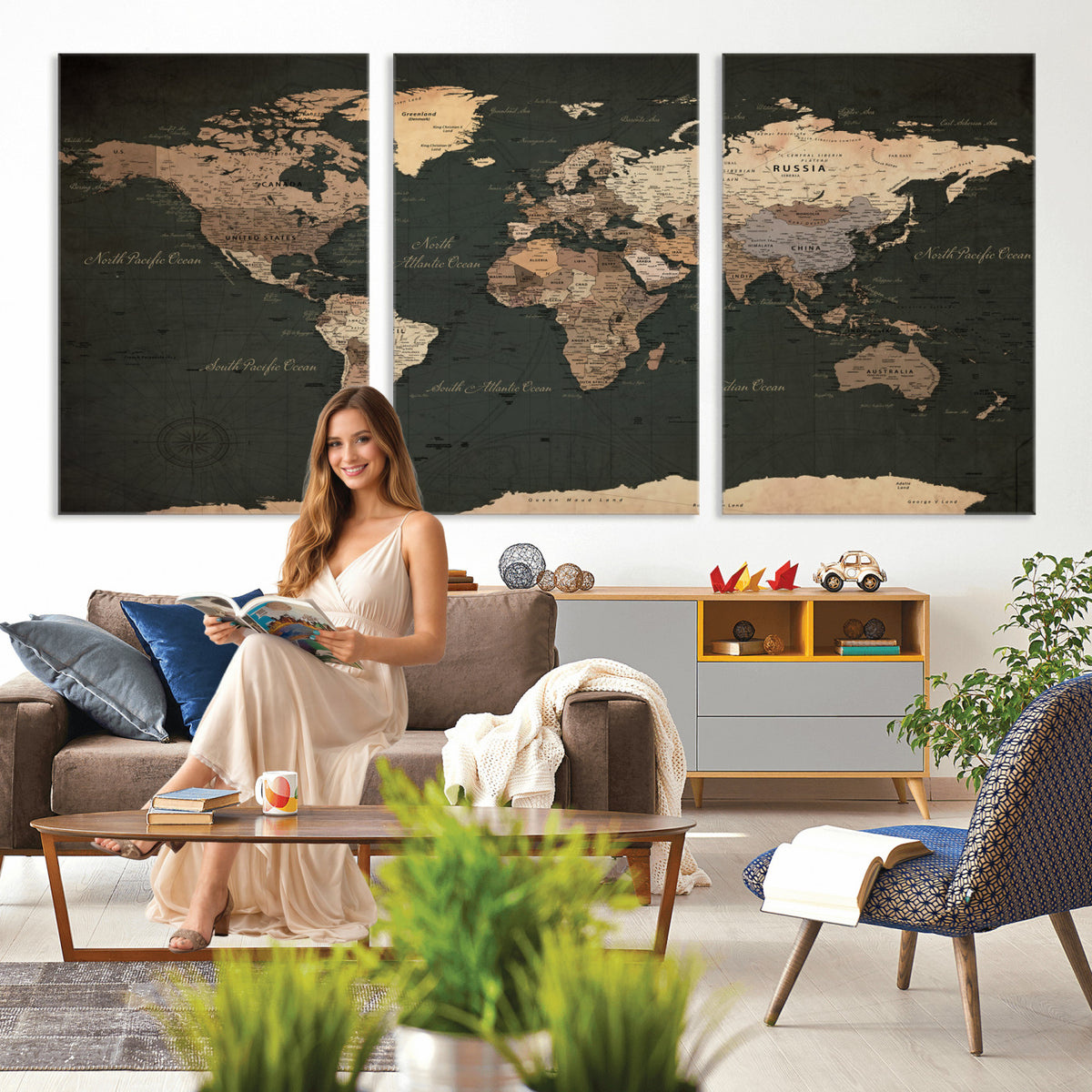 62059333-MGV-CV-36X24 - World Map Wall Art Canvas Print, Modern Decorative Framed Map Artwork Prints for Living Room, Office, Bedroom Wall Decor