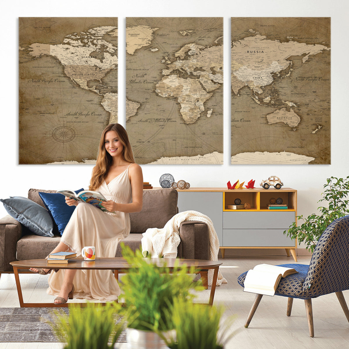 82314635-MGV-CV-36X24 - World Map Wall Art Canvas Print, Modern Decorative Framed Map Artwork Prints for Living Room, Office, Bedroom Wall Decor
