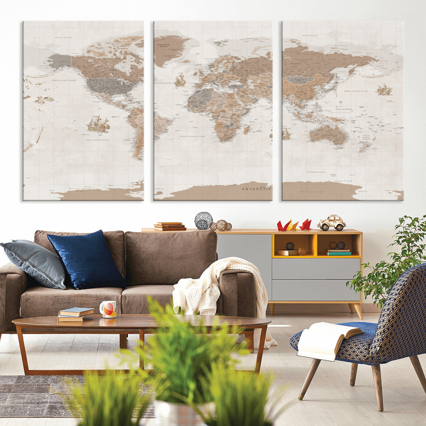 85057279-MGV-CV-36X24 - World Map Wall Art Canvas Print, Modern Decorative Framed Map Artwork Prints for Living Room, Office, Bedroom Wall Decor