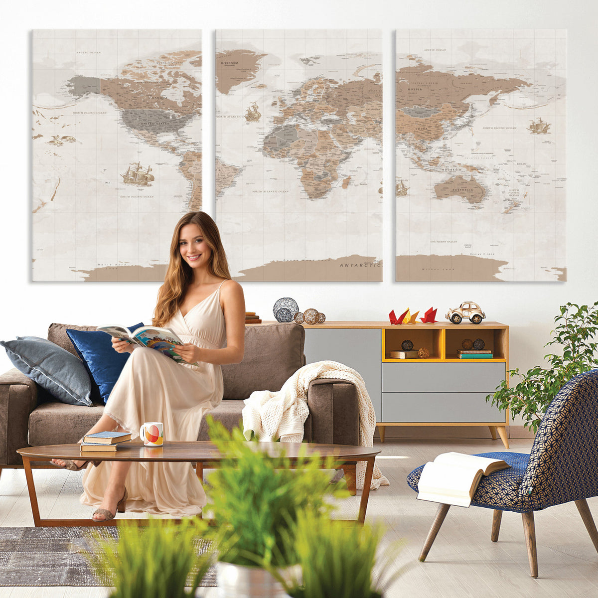 85057279-MGV-CV-36X24 - Framed Large World Map Canvas Print for Office Decor