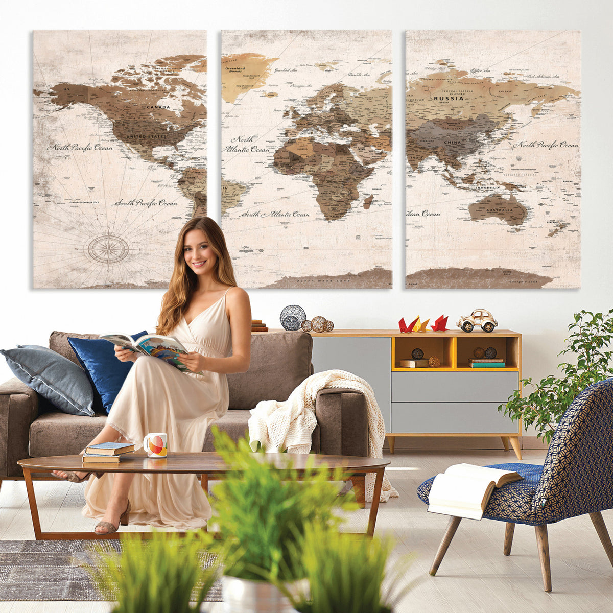 38923639-MGV-CV-36X24 - World Map Wall Art Canvas Print, Modern Decorative Framed Map Artwork Prints for Living Room, Office, Bedroom Wall Decor