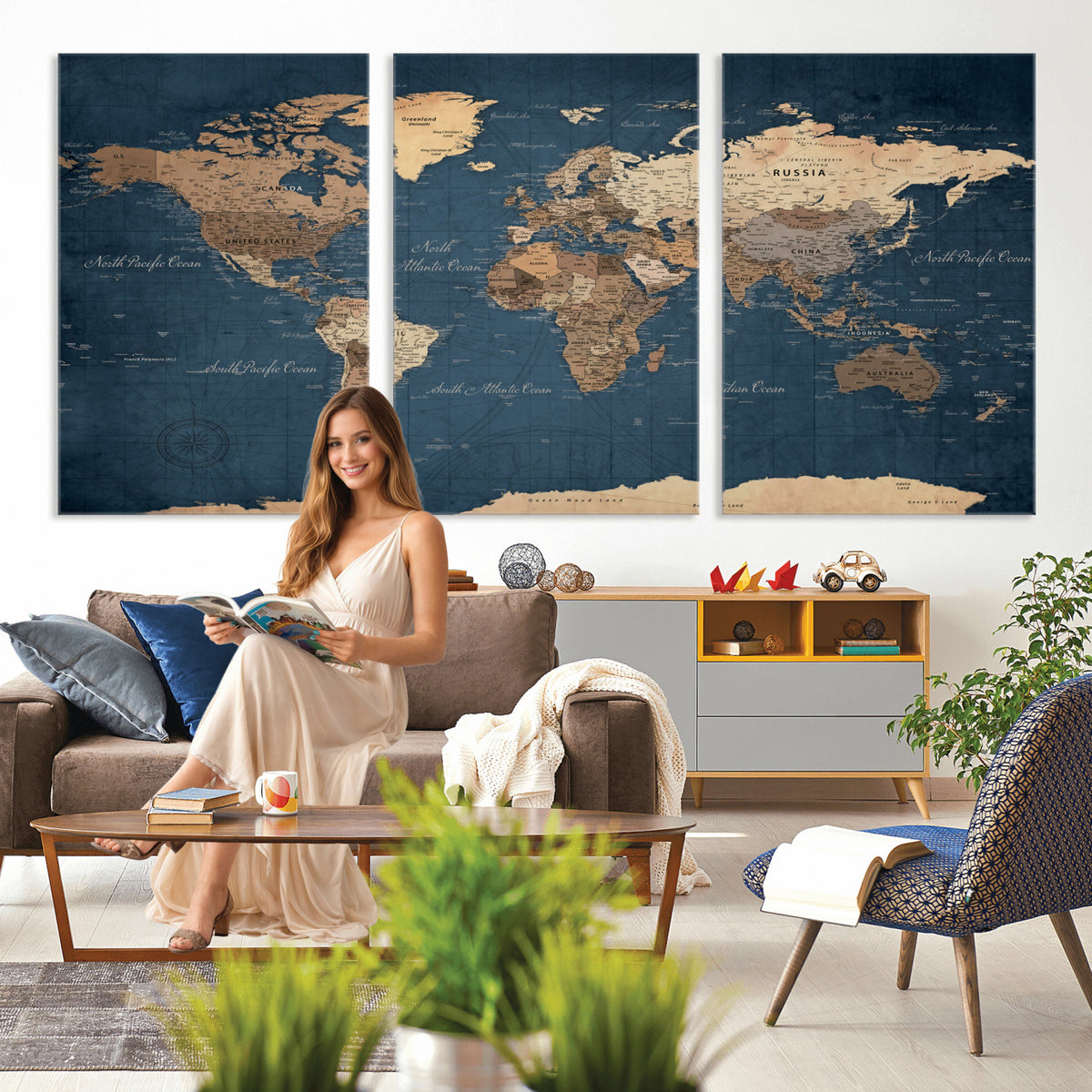 69886352-MGV-CV-36X24 - World Map Wall Art Canvas Print, Modern Decorative Framed Map Artwork Prints for Living Room, Office, Bedroom Wall Decor