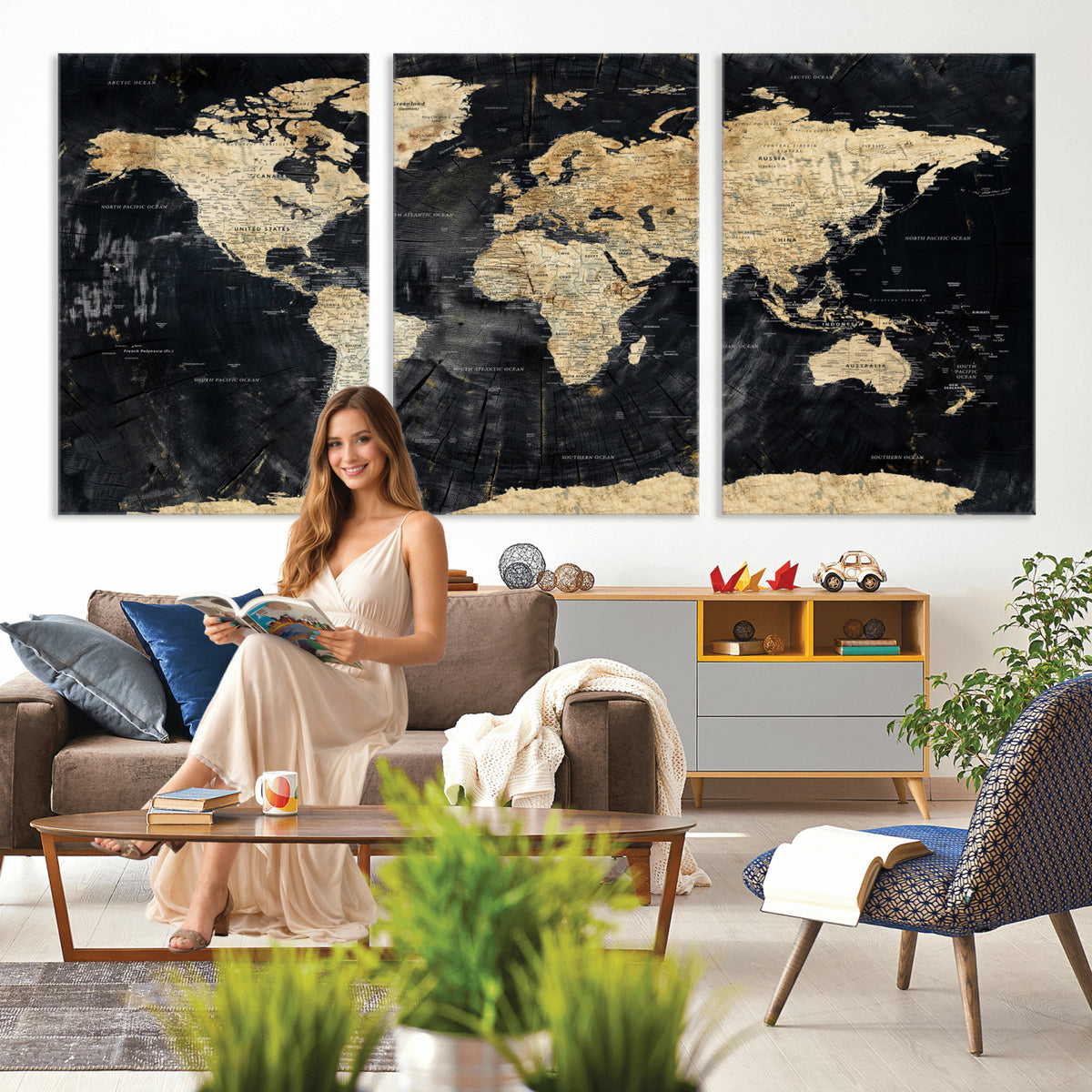 45535041-MGV-CV-36X24 - Framed Large World Map Wall Art Canvas Print for Living Room