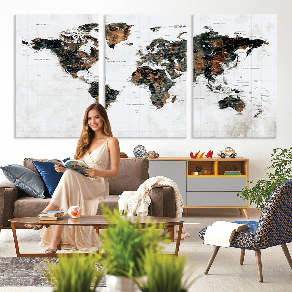 60008766-MGV-CV-36X24 - Large World Map Canvas Print – Framed Travel Map Wall Art