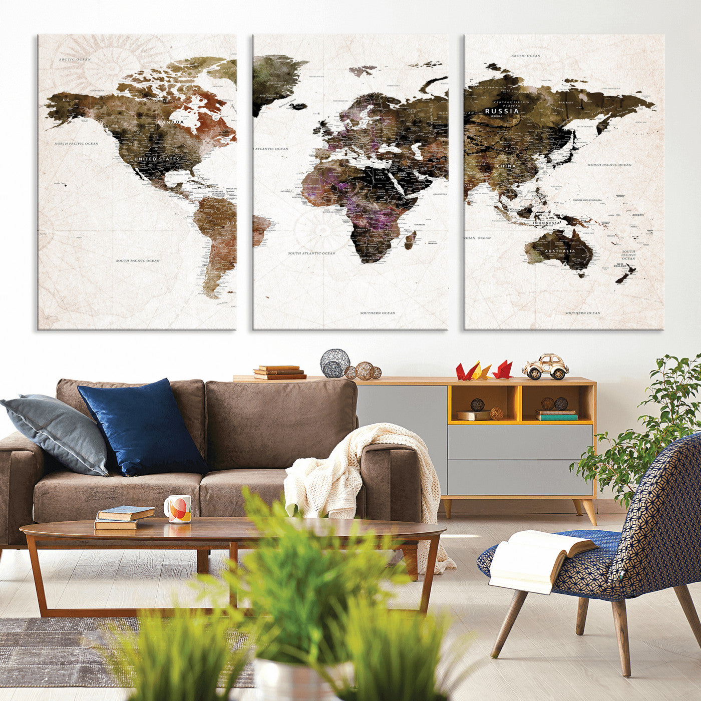 77651968-MGV-CV-36X24 - World Map Wall Art Canvas Print, Modern Decorative Framed Map Artwork Prints for Living Room, Office, Bedroom Wall Decor