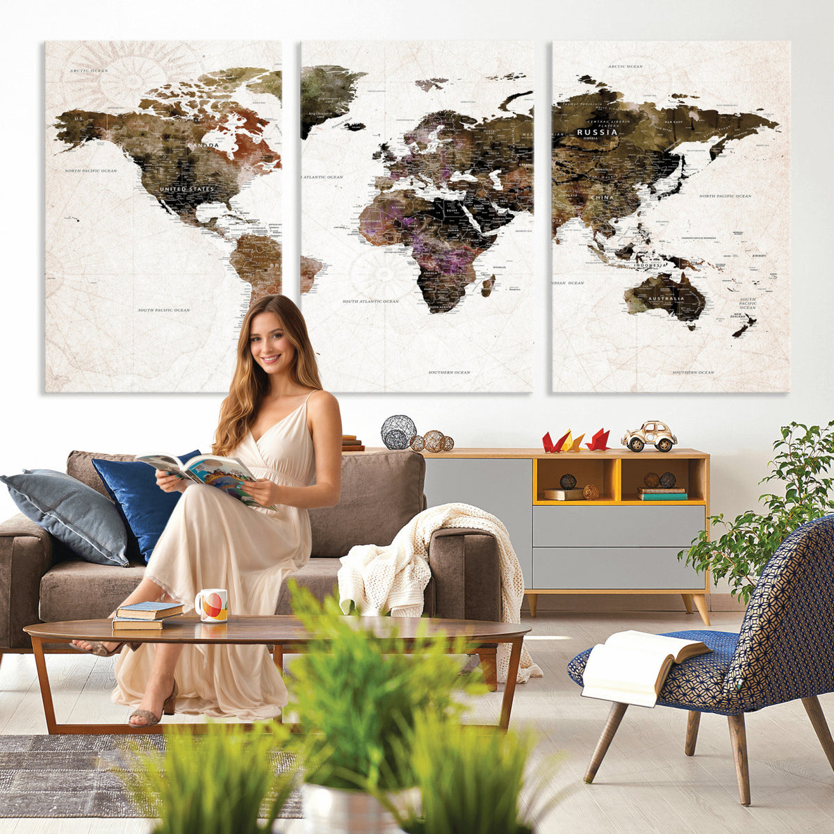 77651968-MGV-CV-36X24 - Watercolor World Map Print - Large Wall Art Canvas Print for