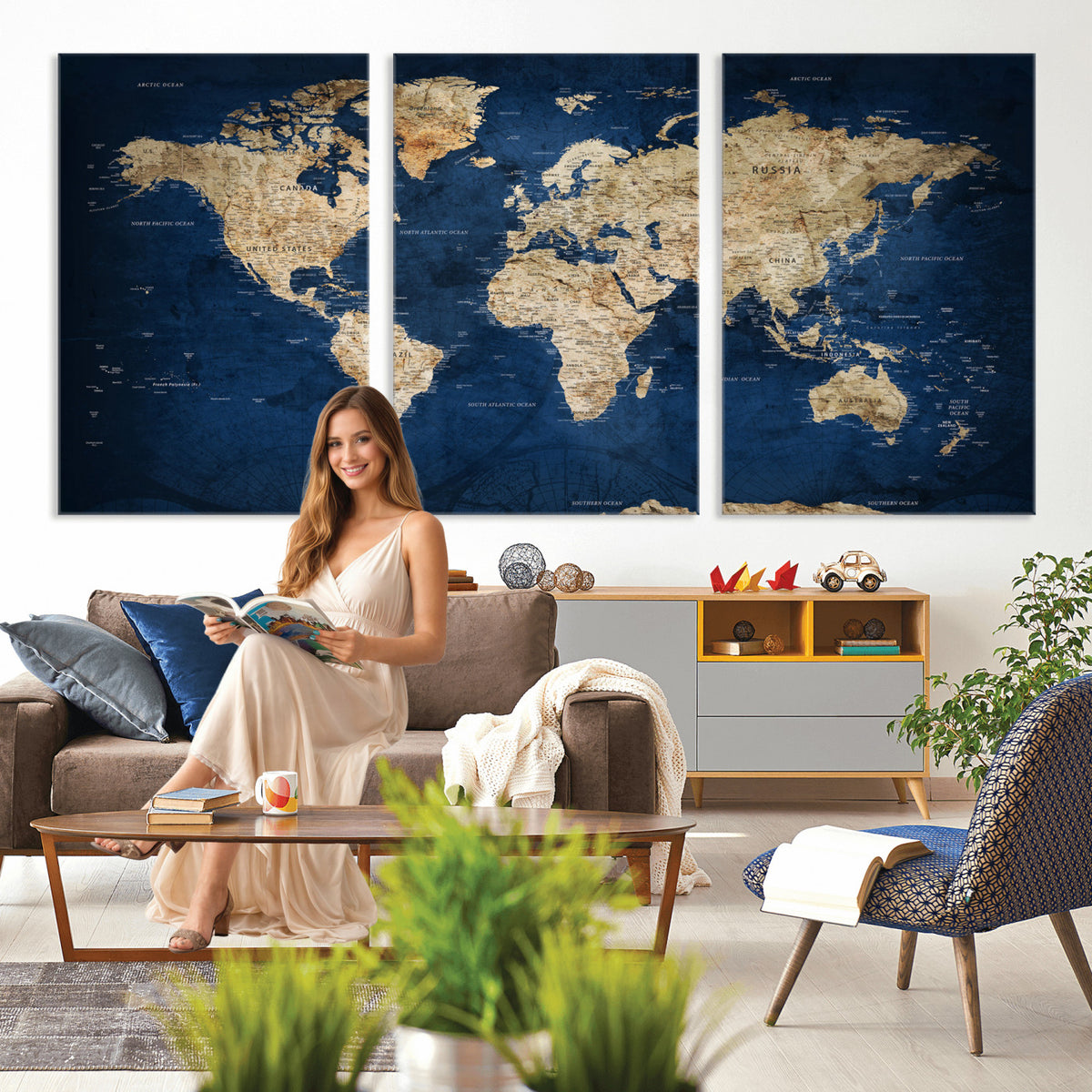 57503519-MGV-CV-36X24 - World Map Canvas Print – Framed Travel Map Wall Art for