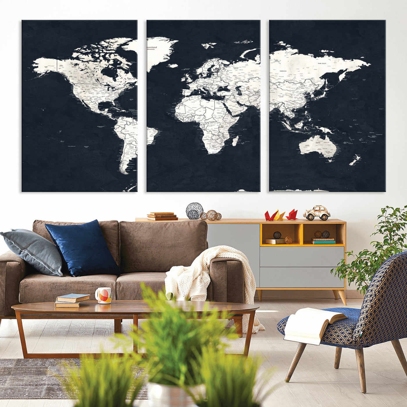 11963807-MGV-CV-36X24 - World Map Wall Art Canvas Print, Modern Decorative Framed Map Artwork Prints for Living Room, Office, Bedroom Wall Decor