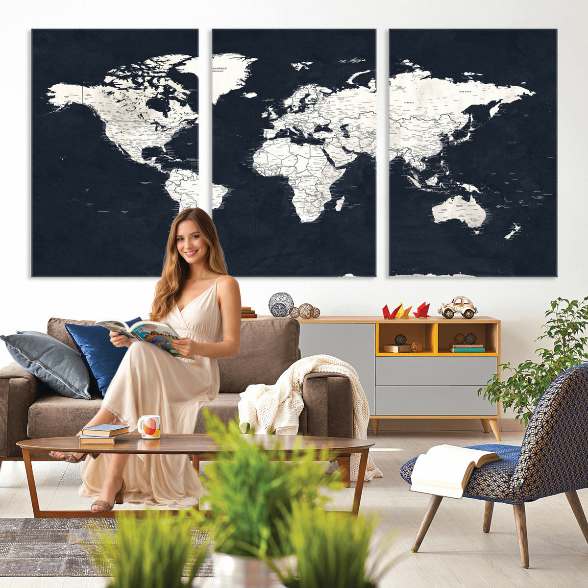 11963807-MGV-CV-36X24 - Black World Map Wall Art Canvas Print for Home Office and Meeting Room Decor