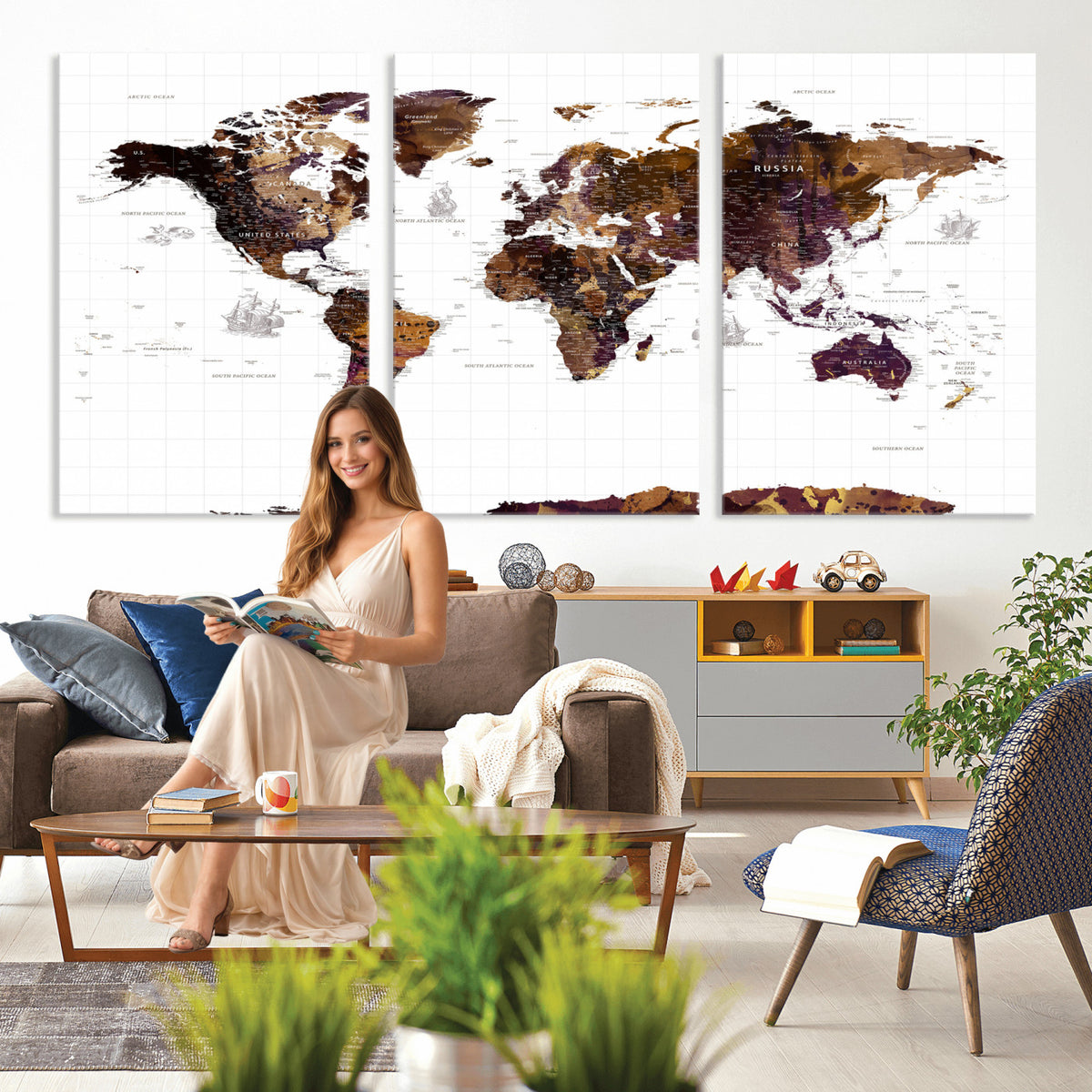 34792695-MGV-CV-36X24 - Rustic World Map Wall Art Canvas Print | Large Vintage Blue World Map on Wood Grain Style Background