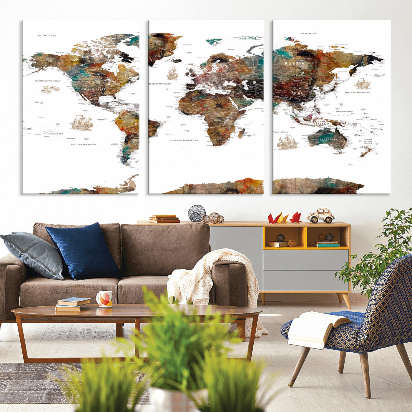 82293175-MGV-CV-36X24 - World Map Wall Art Canvas Print, Modern Decorative Framed Map Artwork Prints for Living Room, Office, Bedroom Wall Decor