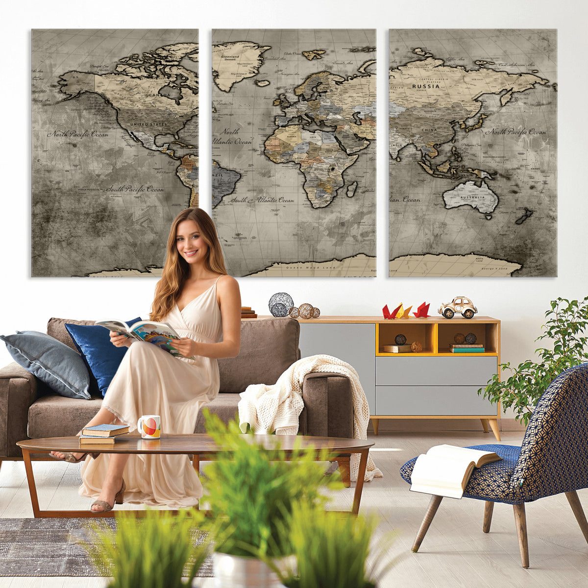 85218700-MGV-CV-36X24 - World Map Canvas Print, Detailed Map of the World Wall Art