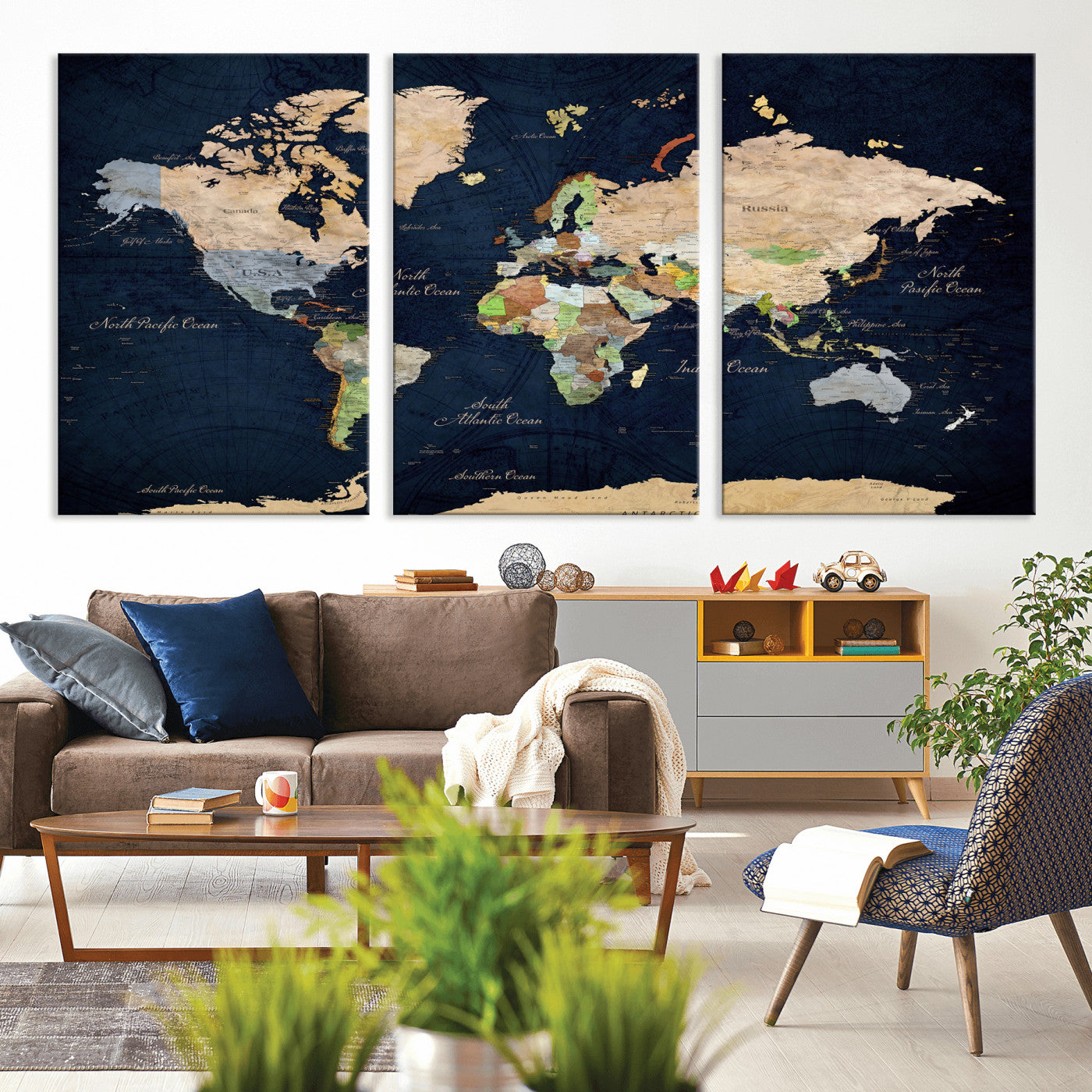 76603563-MGV-CV-36X24 - World Map Wall Art Canvas Print, Modern Decorative Framed Map Artwork Prints for Living Room, Office, Bedroom Wall Decor