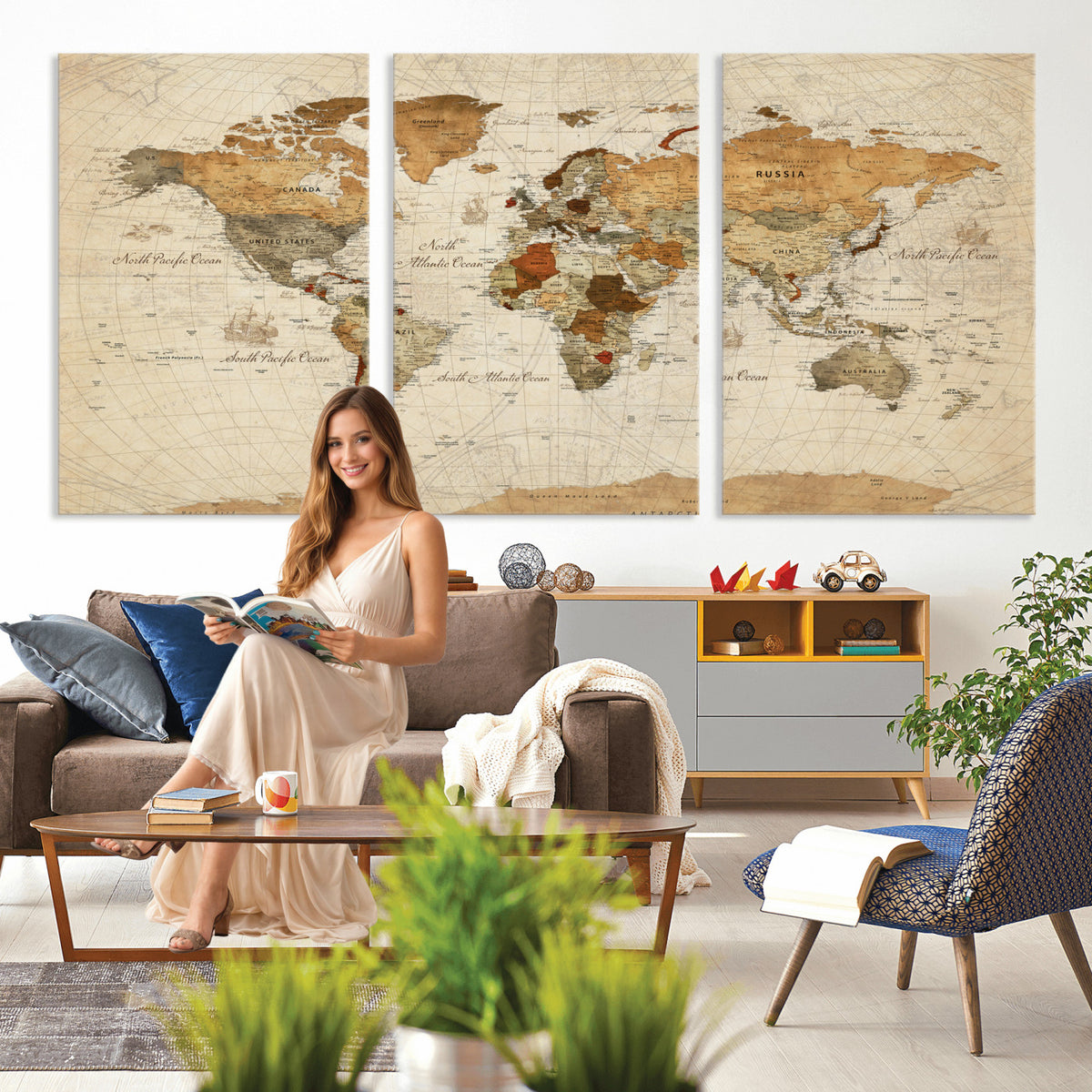 29684537-MGV-CV-36X24 - Vintage World Map Canvas Print, Framed Rustic Detailed Map of the World, Explorer Decor