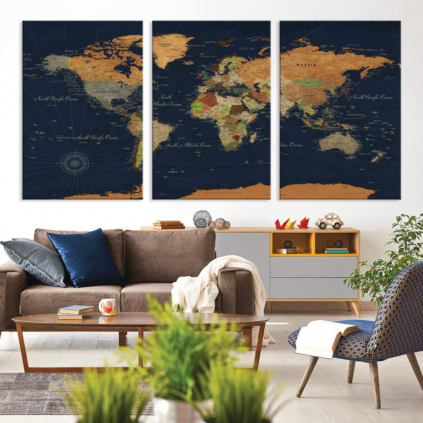 11715182-MGV-CV-36X24 - World Map Wall Art Canvas Print, Modern Decorative Framed Map Artwork Prints for Living Room, Office, Bedroom Wall Decor