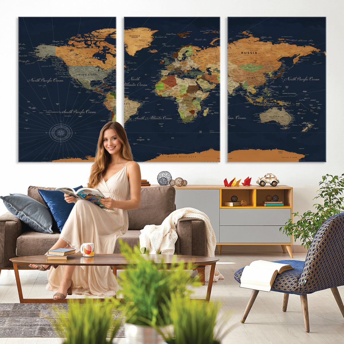 11715182-MGV-CV-36X24 - Modern World Map Canvas Print, Framed Detailed Map of the World Wall Art