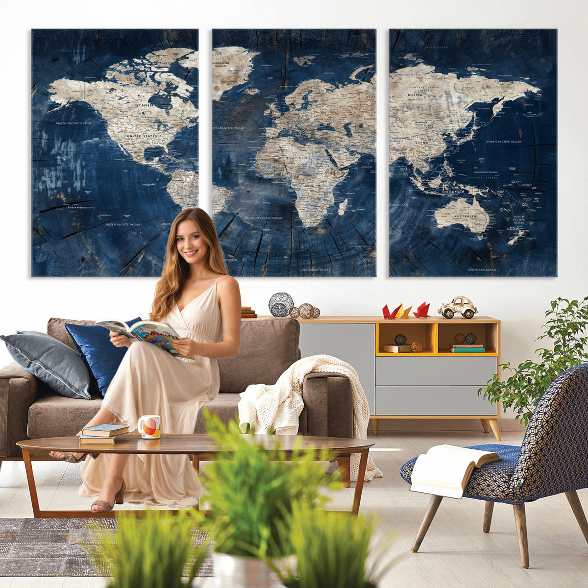 56126010-MGV-CV-36X24 - Large Blue World Map Wall Art Canvas Print for Home Office