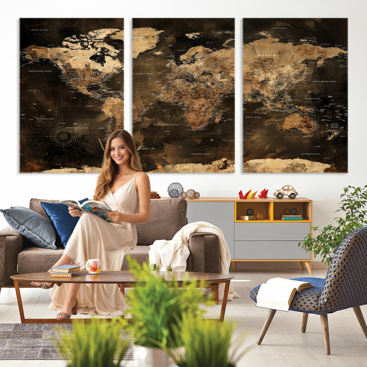 97742922-MGV-CV-36X24 - World Map Canvas Print, Modern Decorative Framed Map Artwork