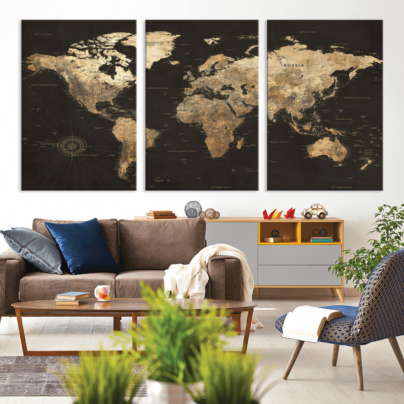 70985630-MGV-CV-36X24 - World Map Wall Art Canvas Print, Modern Decorative Framed Map Artwork Prints for Living Room, Office, Bedroom Wall Decor