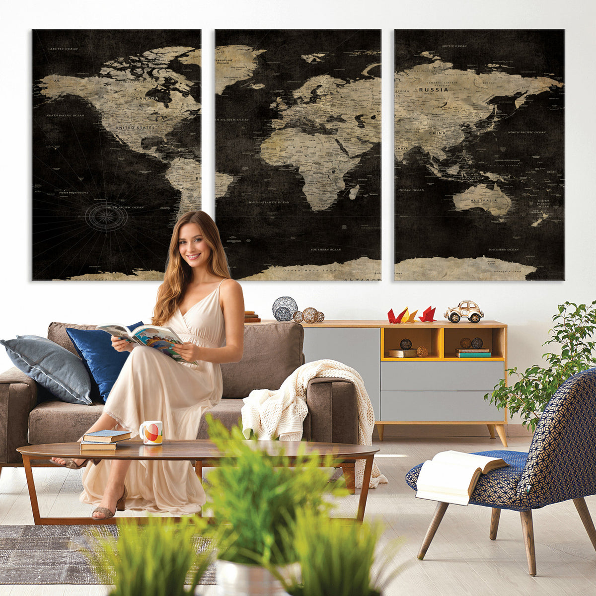 60653880-MGV-CV-36X24 - Push Pin World Map Canvas Wall Art Print, Interactive Travel