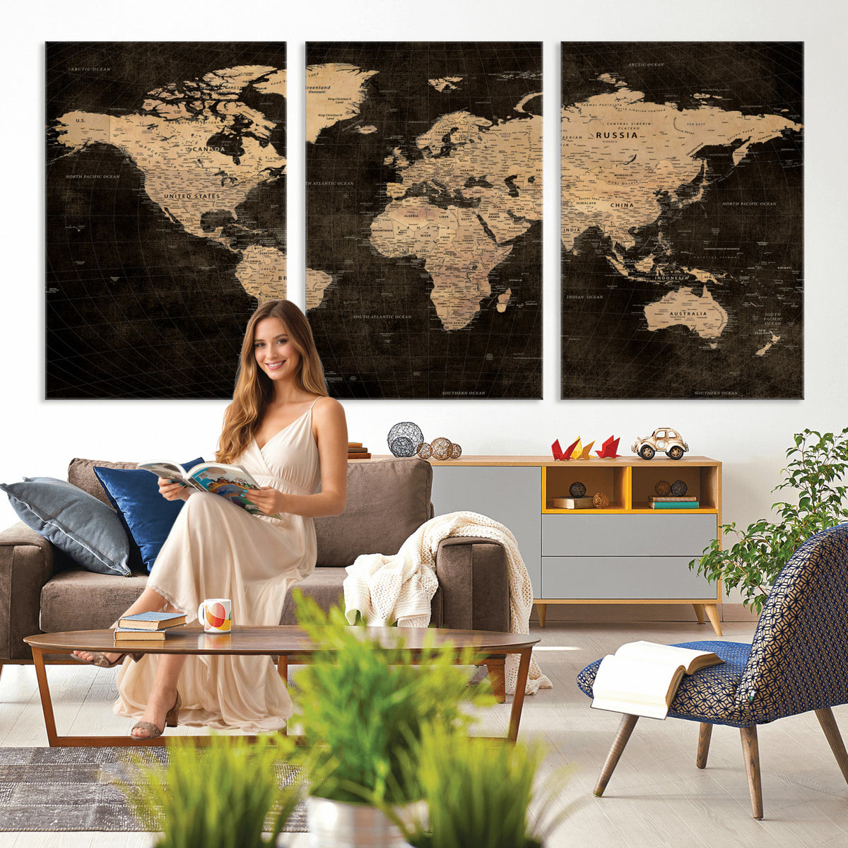 15118265-MGV-CV-36X24 - Brown World Map Canvas Print | Modern Travel Map Wall Art